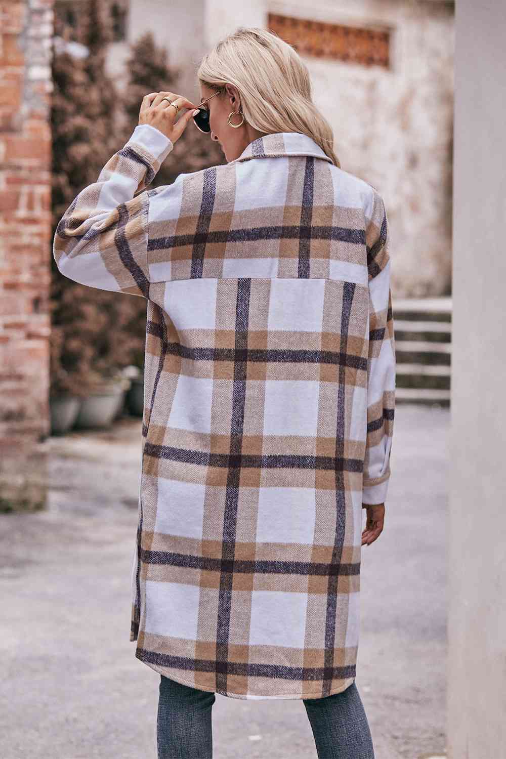 Full Size Plaid Dropped Shoulder Longline Jacket