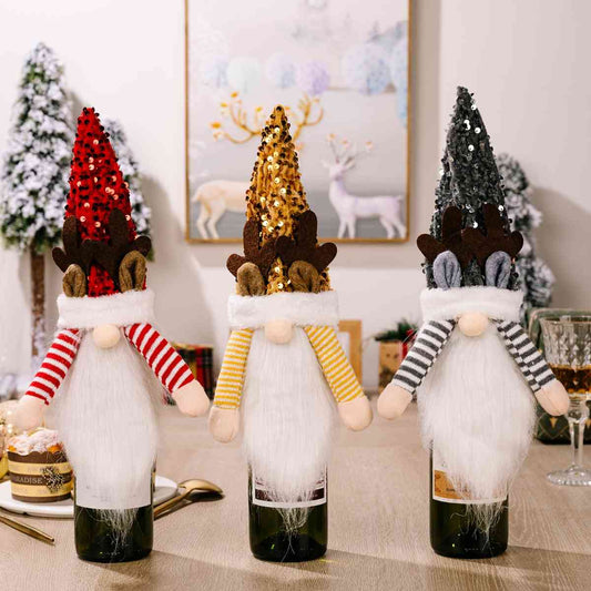 CHRISTMAS Sequin Pointed Hat Faceless Gnome Wine Bottle Cover