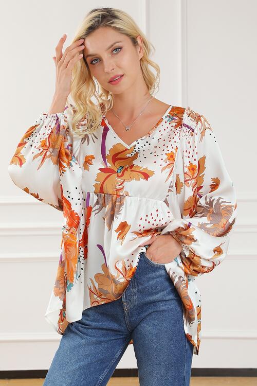 White Printed V-Neck Smocked Balloon Sleeve Blouse