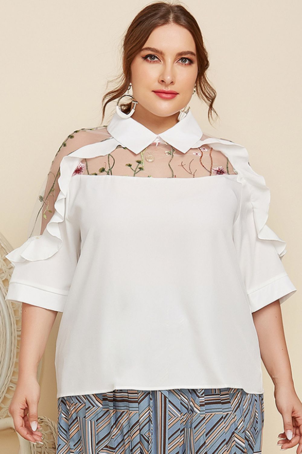 Women's Plus Size Embroidered Ruffle Trim Collared Half Sleeve Blouse