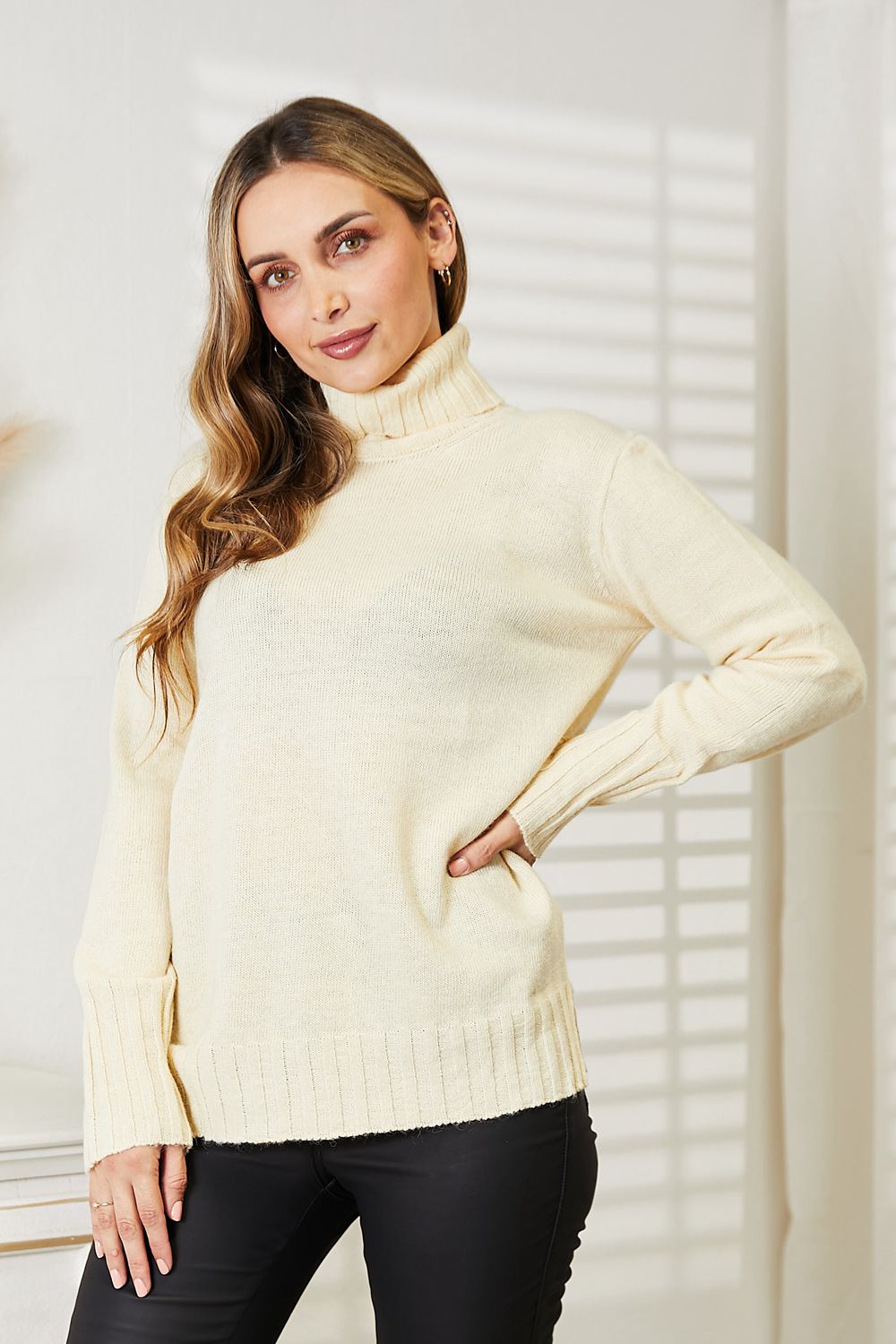 Heimish Cream Full Size Long Sleeve Turtleneck Sweater with Side Slit