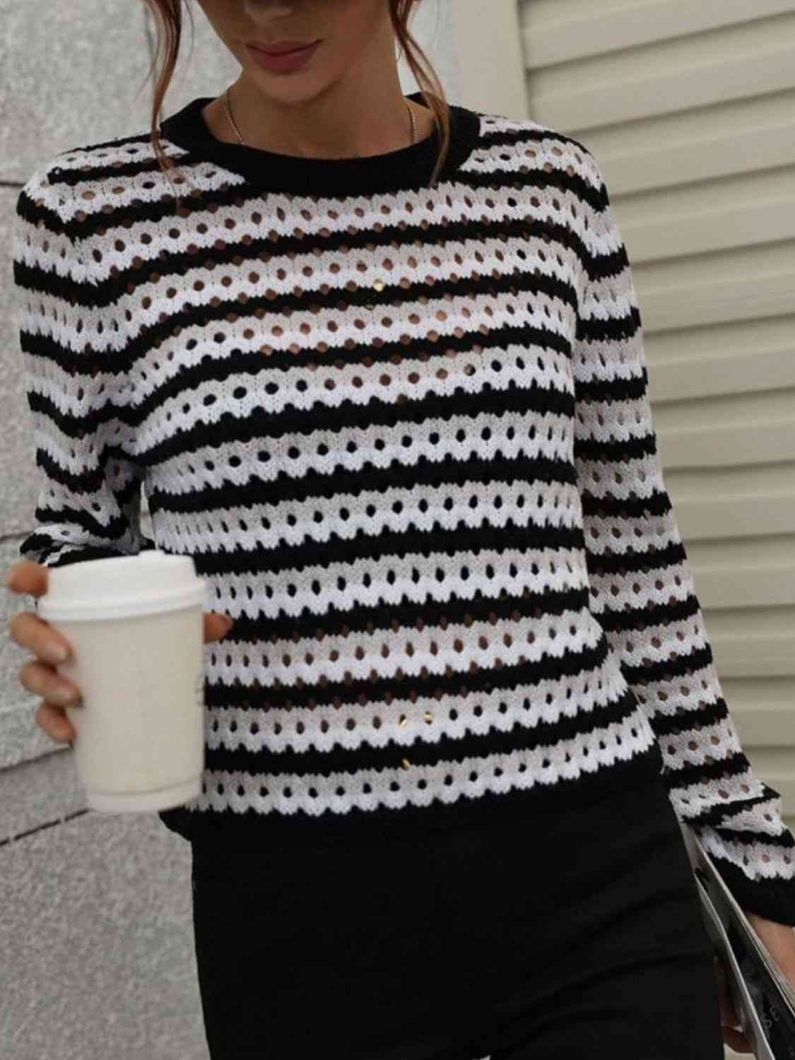 Striped Openwork Long-Sleeve Knit Pullover