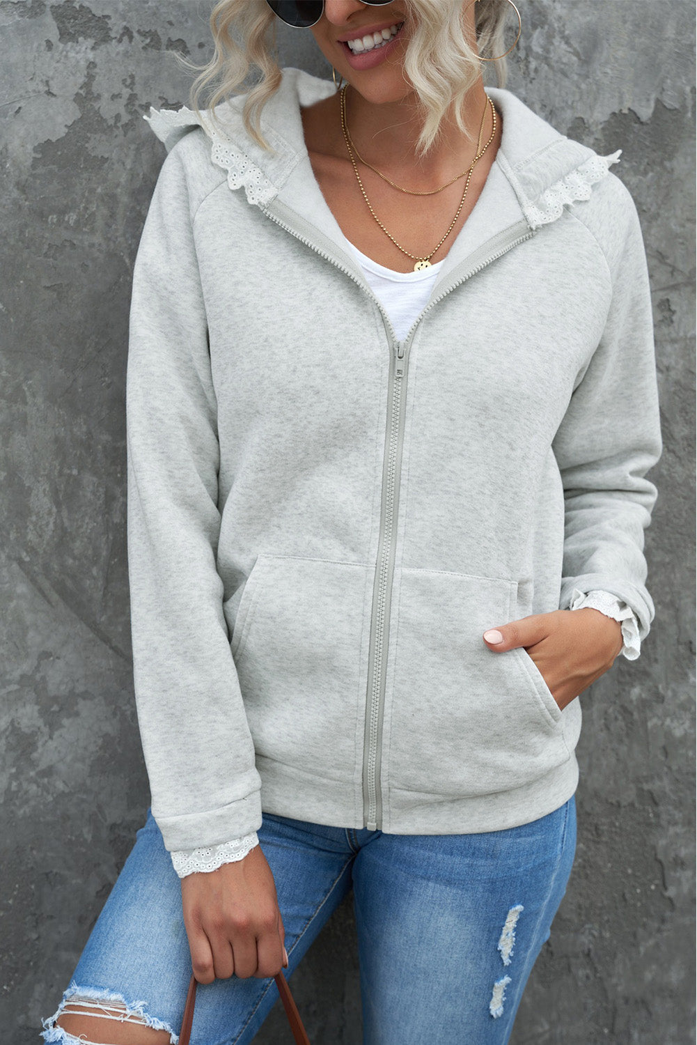 Full Size Lace Trim Zip-Up Hooded Jacket