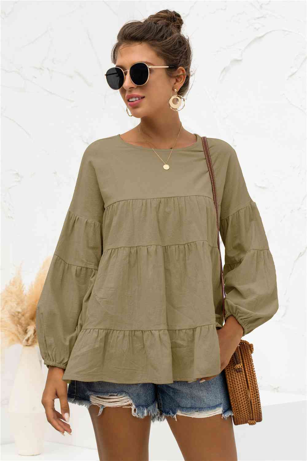 Round Neck Bubble Sleeve Tiered Blouse