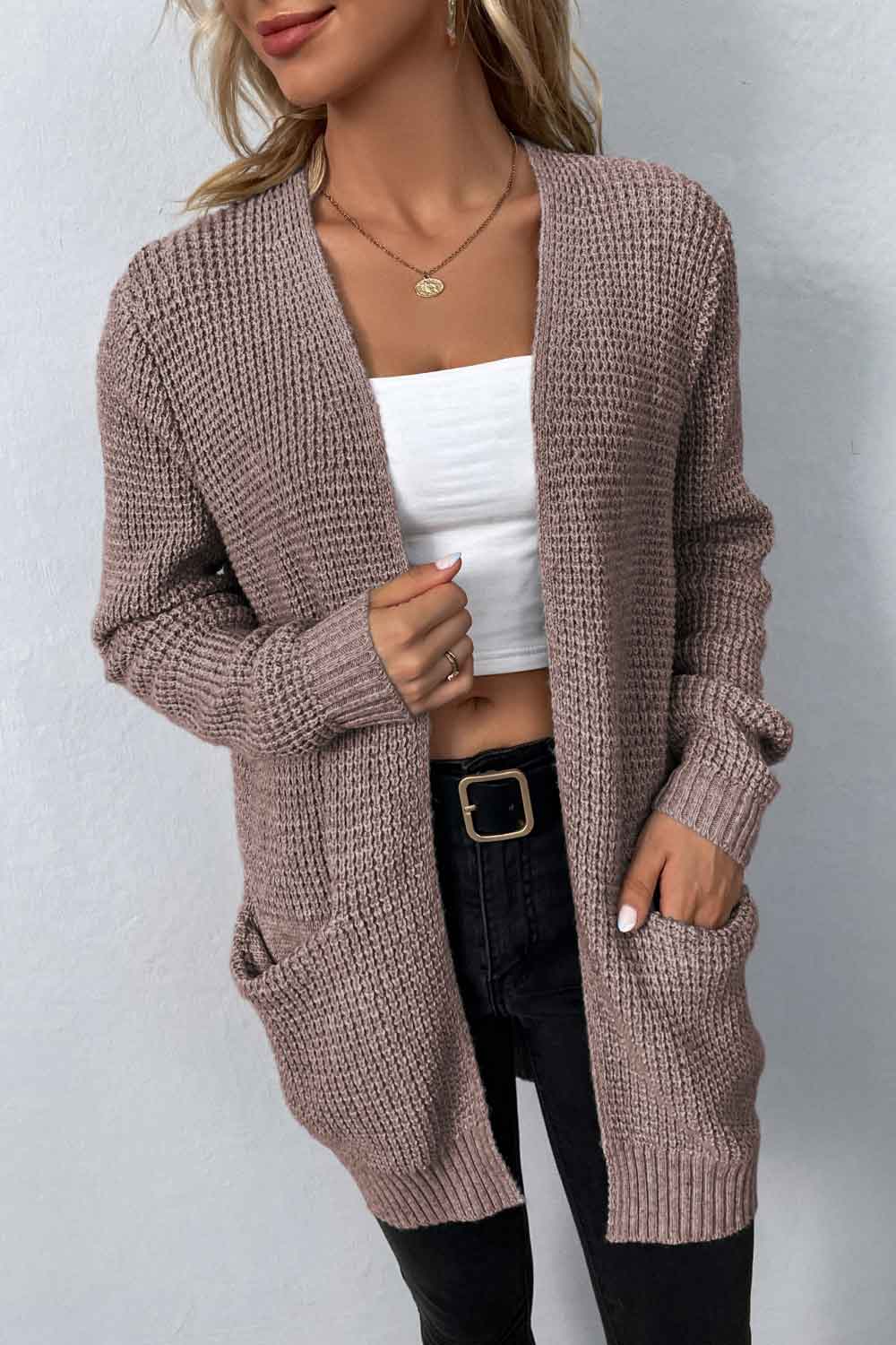 ZeldaMarie Rib-Knit Open Front Pocketed Cardigan