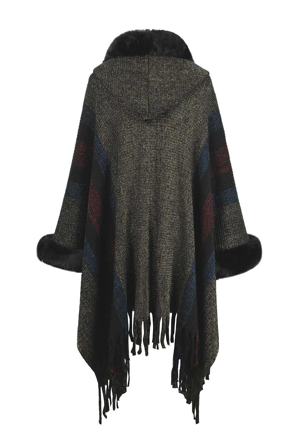 One Size Color Block Fringe Detail Poncho