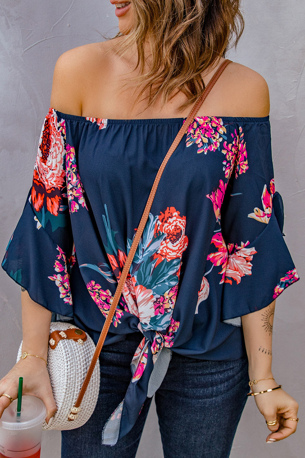 Full Size Printed Off-Shoulder Flounce Sleeve Top