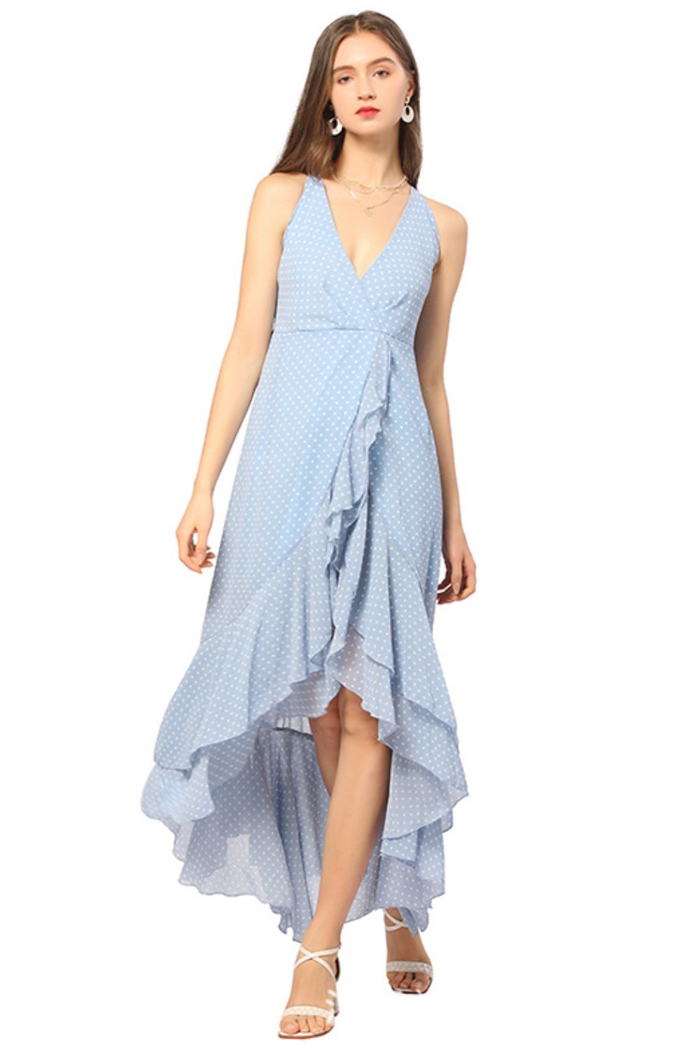 CGYY Valencia Polka Dot Ruffled Plunge Sleeveless Maxi Dress