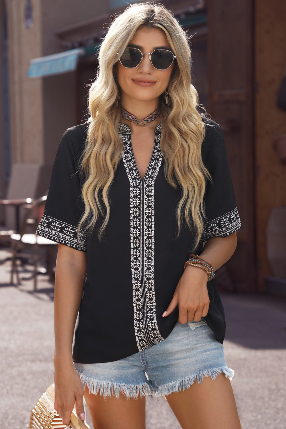 Women's Full Size Embroidered V-Neck Top