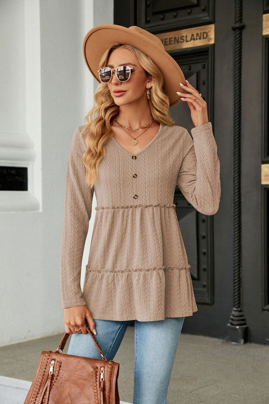 Full Size Long Sleeve V-Neck Cable-Knit Blouse