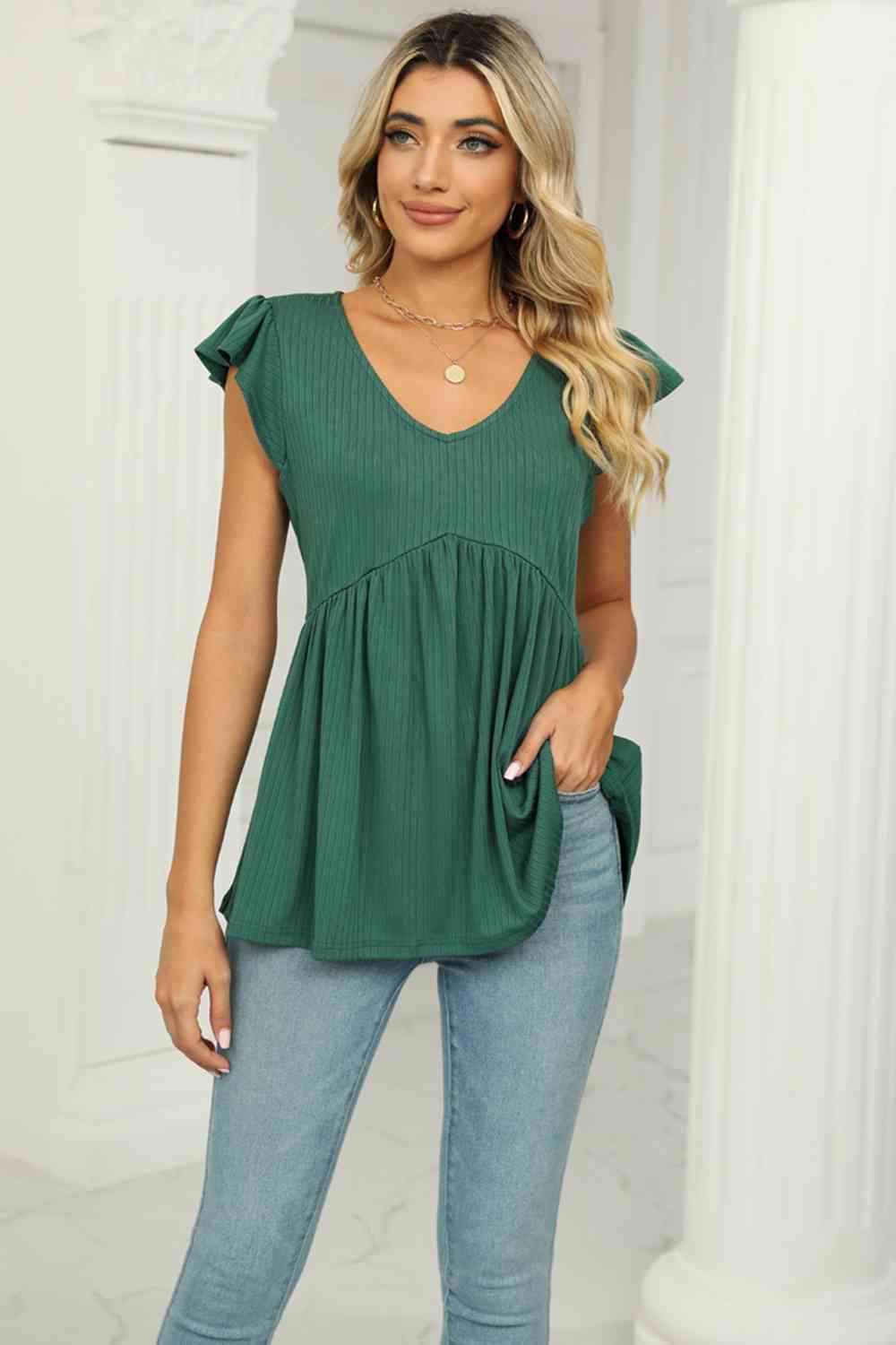 Full Size V-Neck Flutter Sleeve Babydoll Blouse