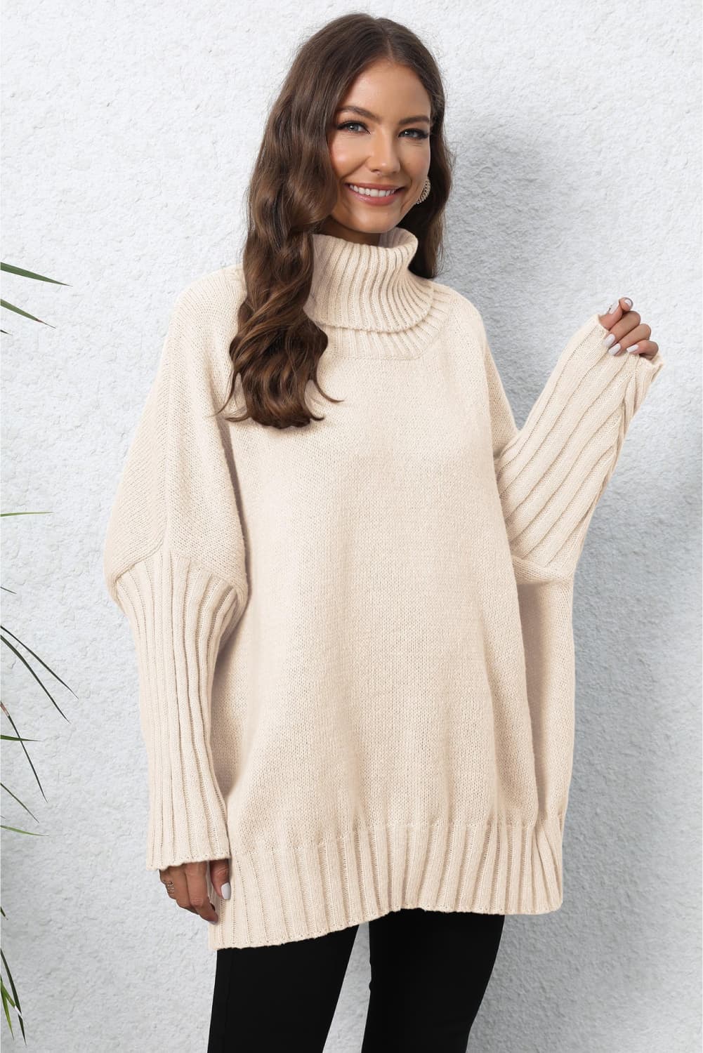 One Size Turtle Neck Long Sleeve Ribbed Sweater