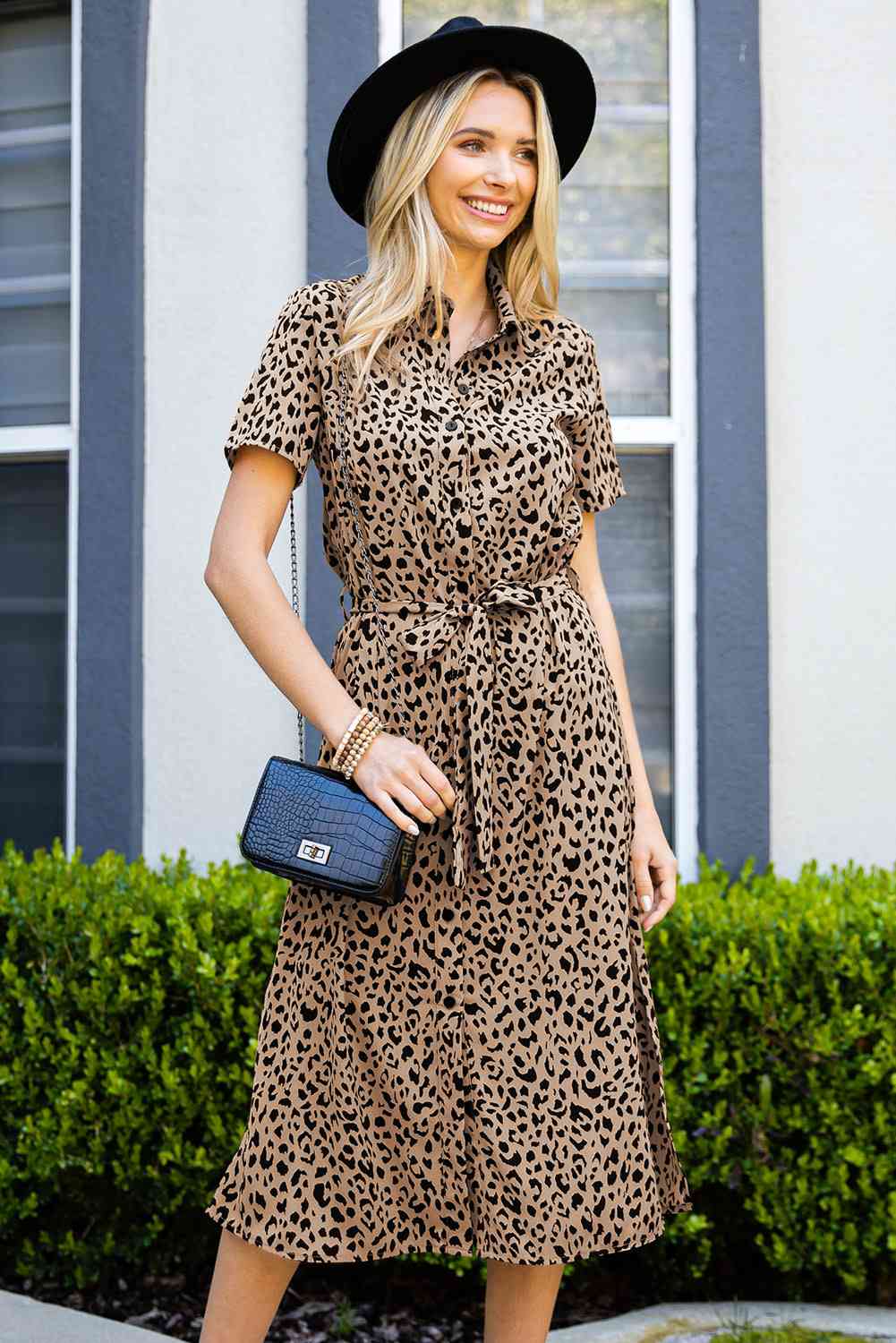 Tan Animal Print Short Sleeve Belted Dress