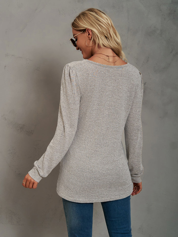 Full Size Heathered Square Neck Long Sleeve T-Shirt