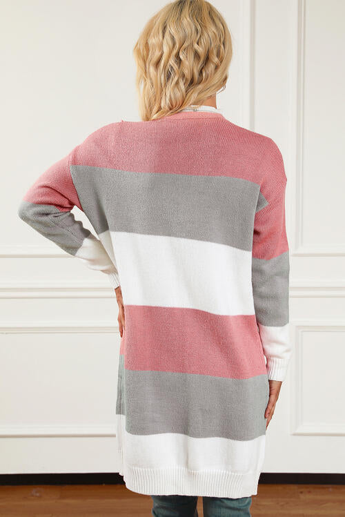 Comfy Connections Burnt Coral Striped Open Front Long Sleeve Cardigan