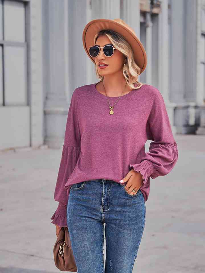 Full Size Round Neck Flounce Sleeve Blouse