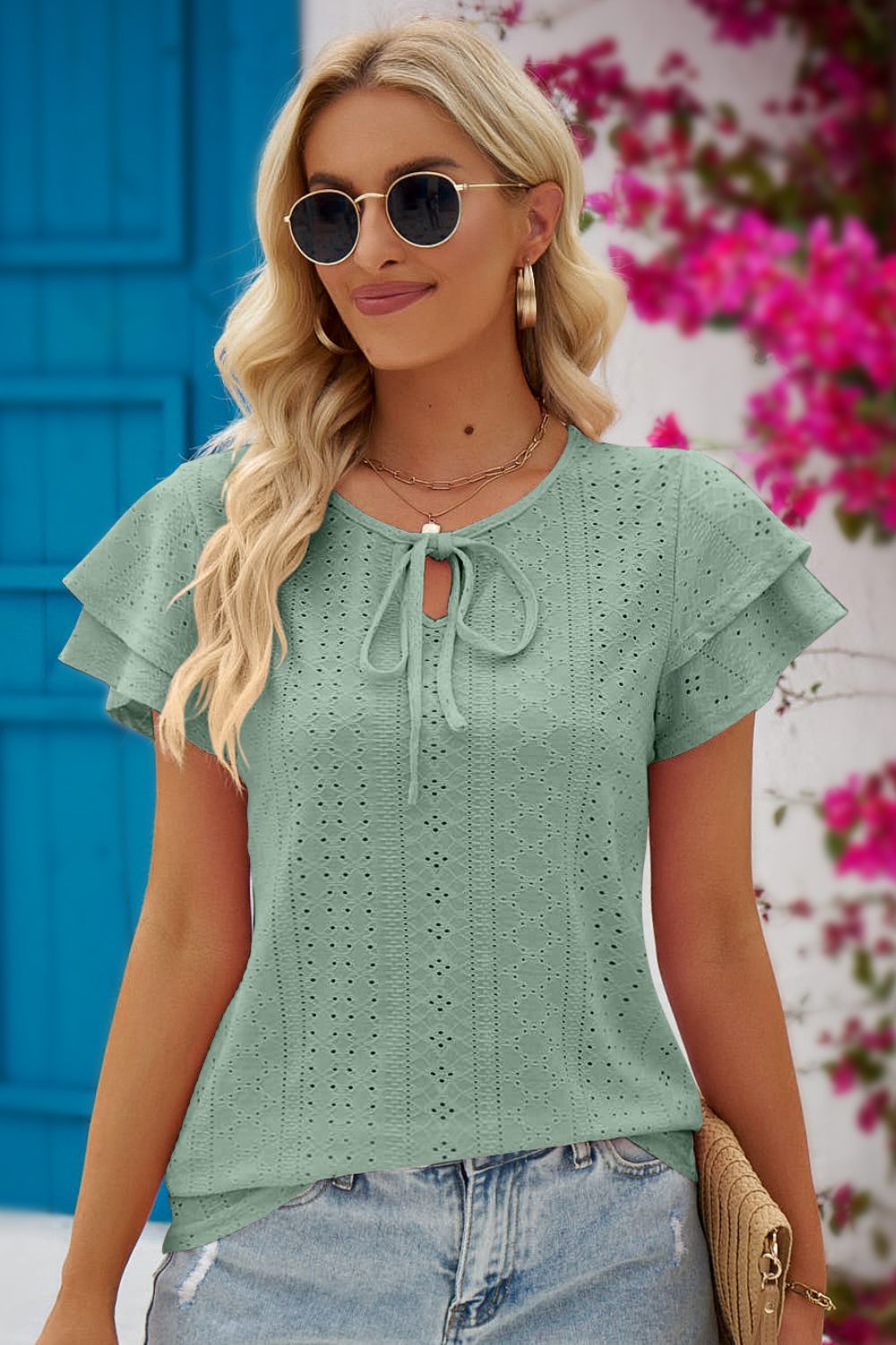 Women's Full Size Eyelet Tie-Neck Flutter Sleeve Blouse