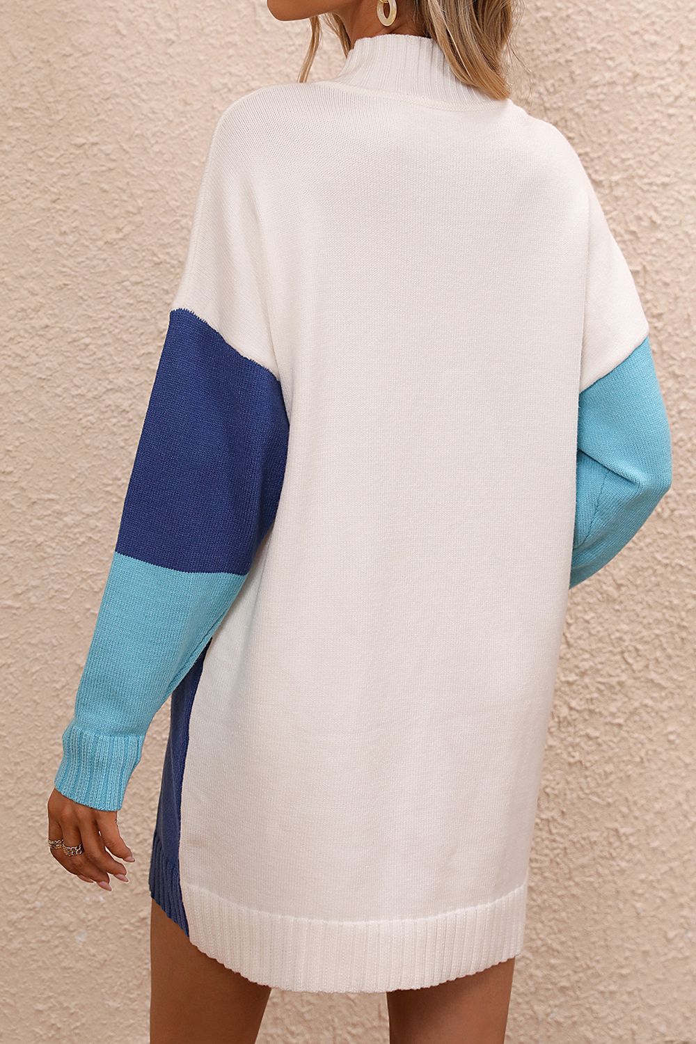 TrendSetEE Color Block Mock Neck Dropped Shoulder Sweater Dress