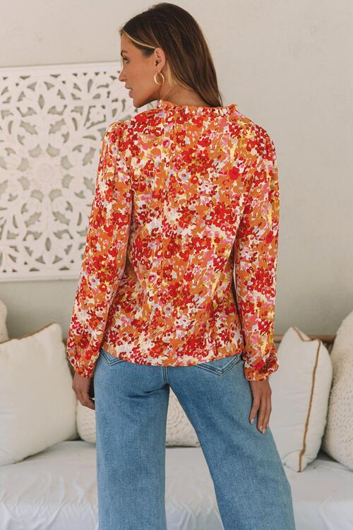 Pumpkin Orange Floral Notched Balloon Sleeve Blouse