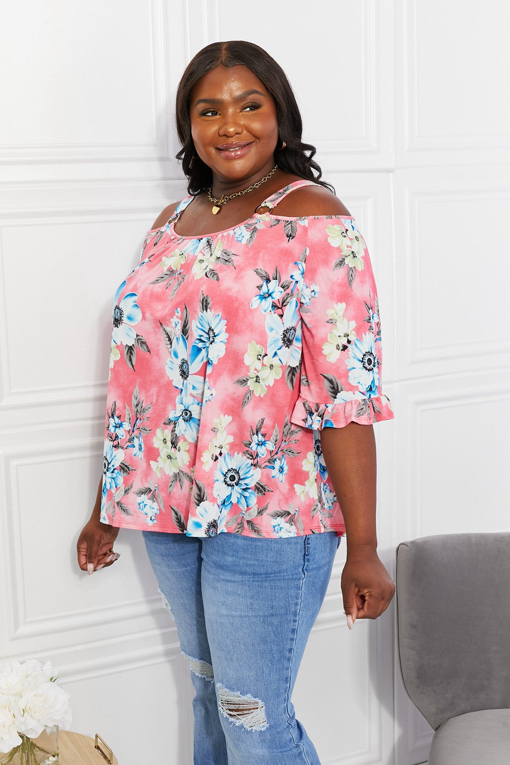 Women's Sew In Love Full Size Fresh Take Floral Short Sleeve Cold-Shoulder Top