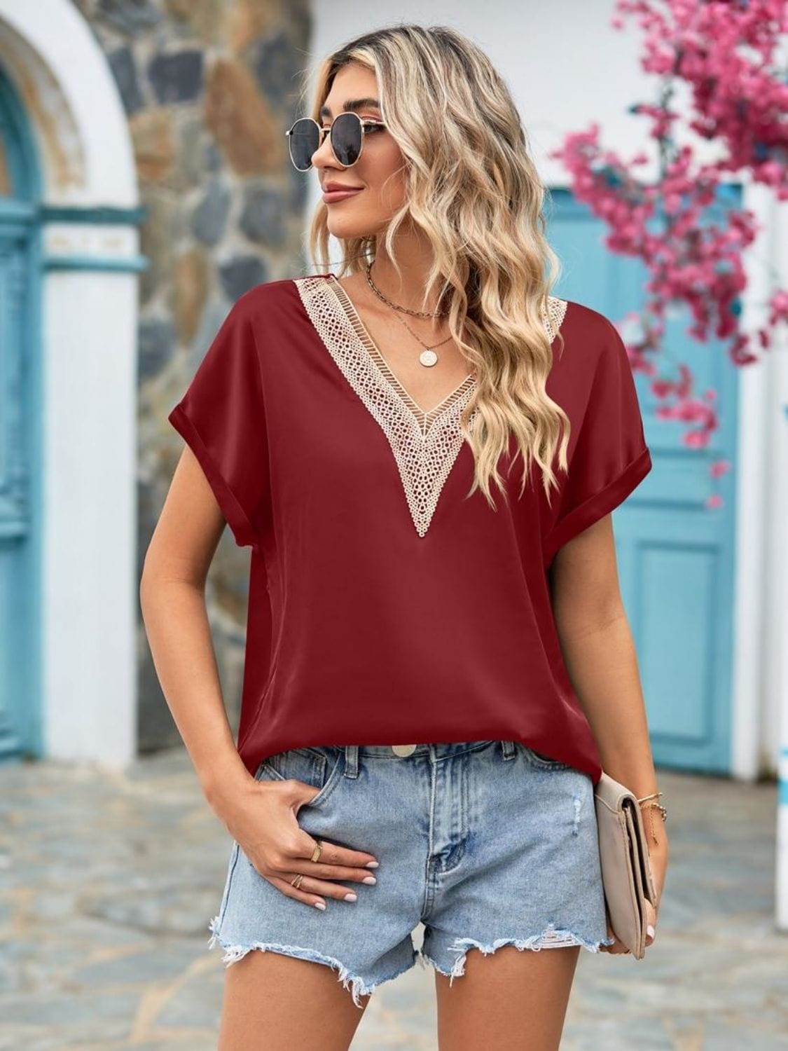 Full Size V-Neck Cuffed Blouse