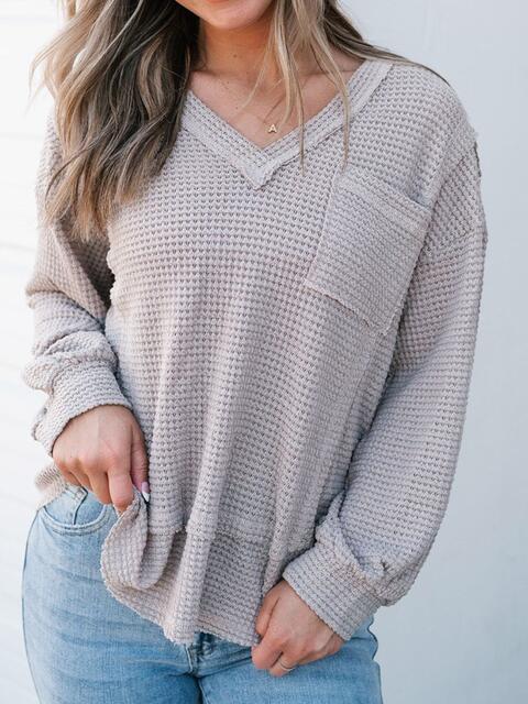 Waffle-Knit V-Neck Blouse with Breast Pocket