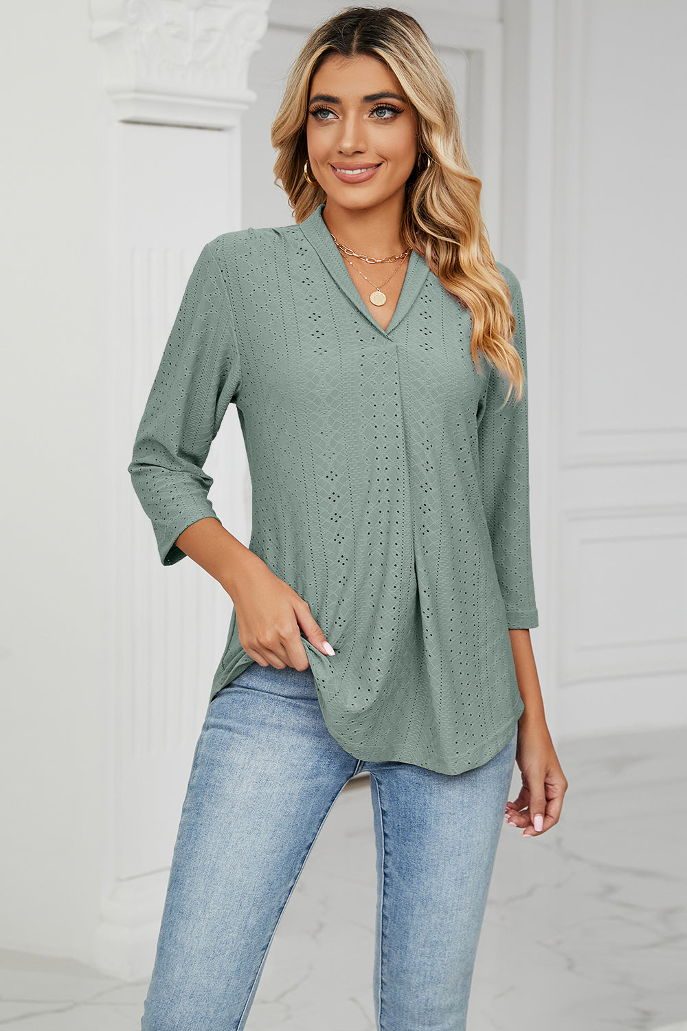 Full Size Eyelet Three-Quarter Sleeve Blouse