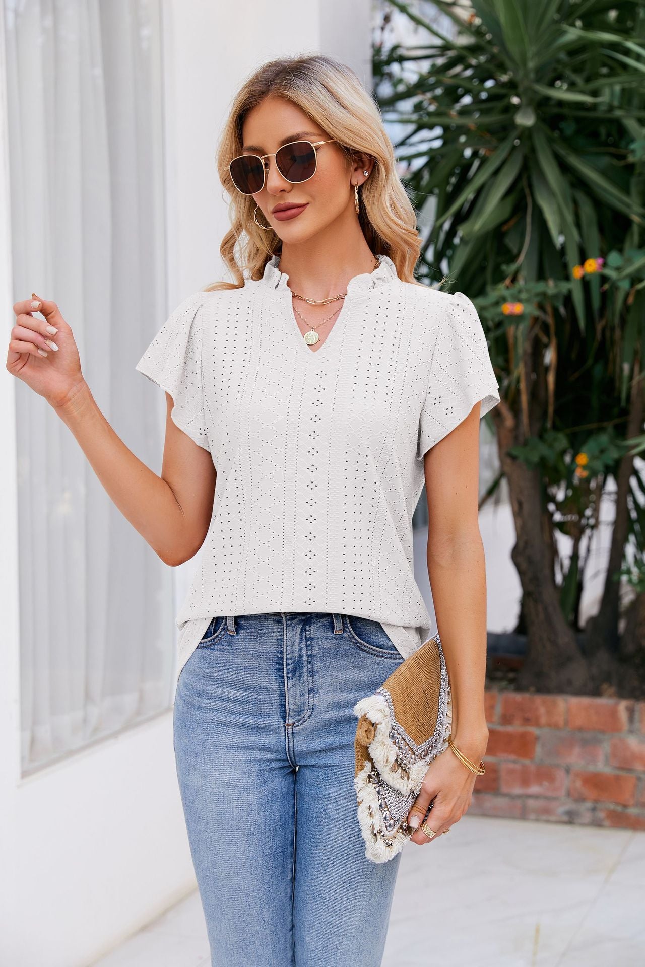 Women's Full Size Notched Neck Puff Sleeve Blouse