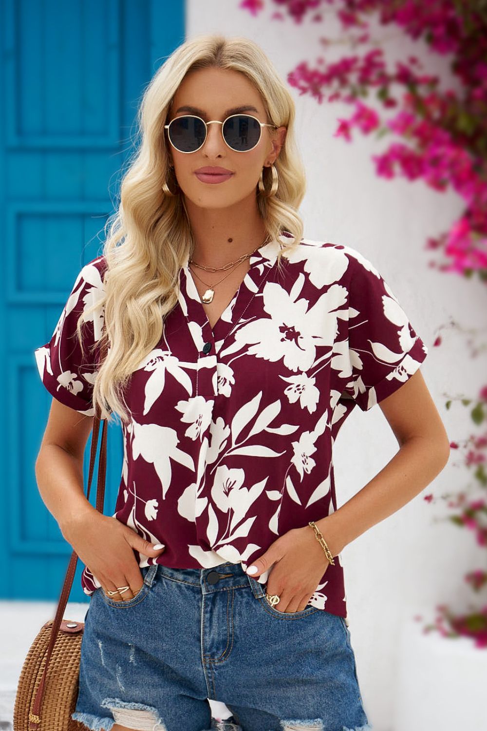 Women's Full Size Hanna Floral Notched Neck Cuffed Blouse