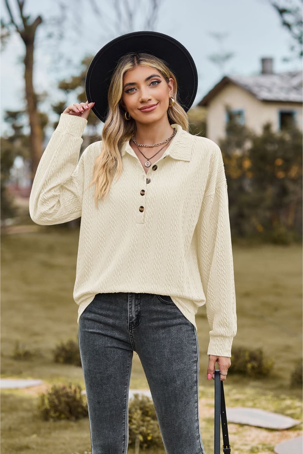 Full Size Collared Neck Long Sleeve Blouse