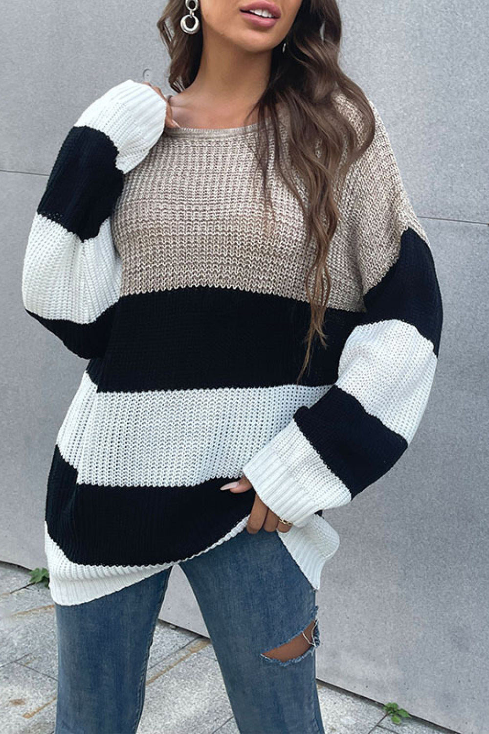 Women's Color Block Striped Long Sleeve Sweater