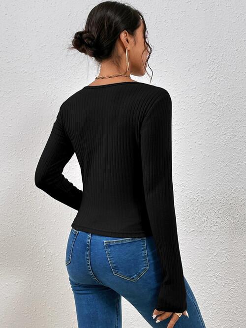 Ribbed Crisscross V-Neck Black Long Sleeve Knit Top