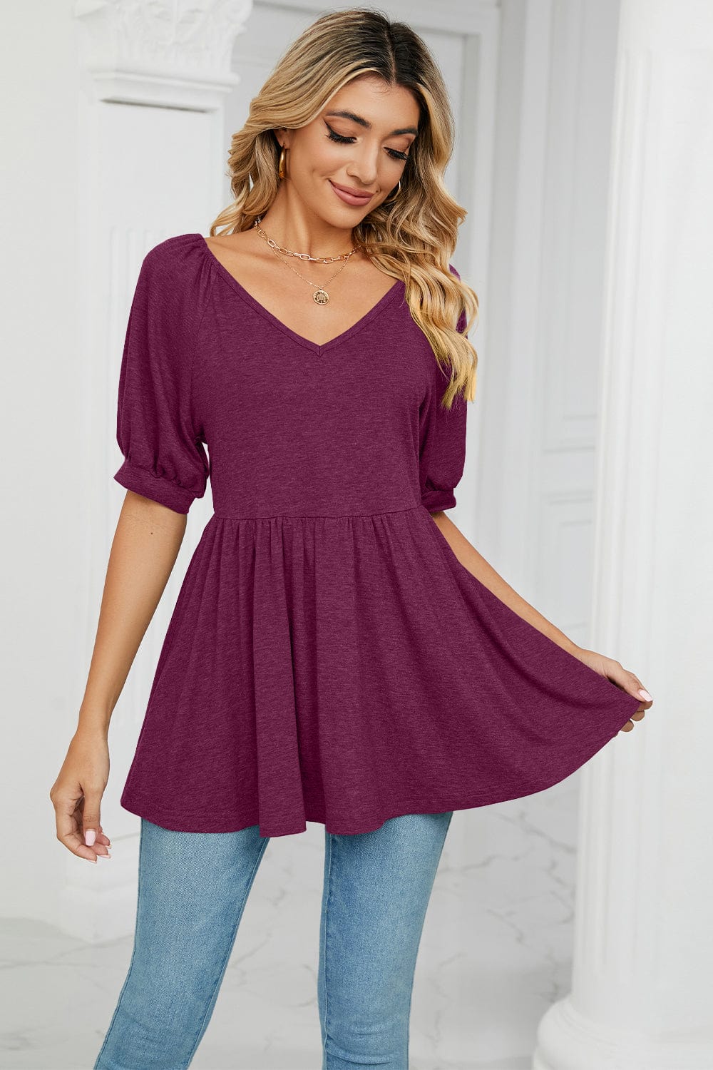 Full Size V-Neck Babydoll Top