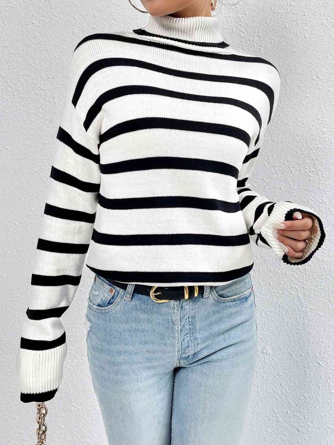 KnittedEmporium Full Size Striped Turtleneck Drop Shoulder Sweater