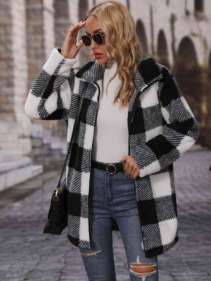 NotSoBasic Plaid Collared Neck Black Coat with Pockets