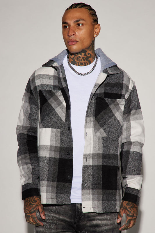 Unapologetically NOVAH Men's Off The Map Grey-Black Hooded Flannel Shacket