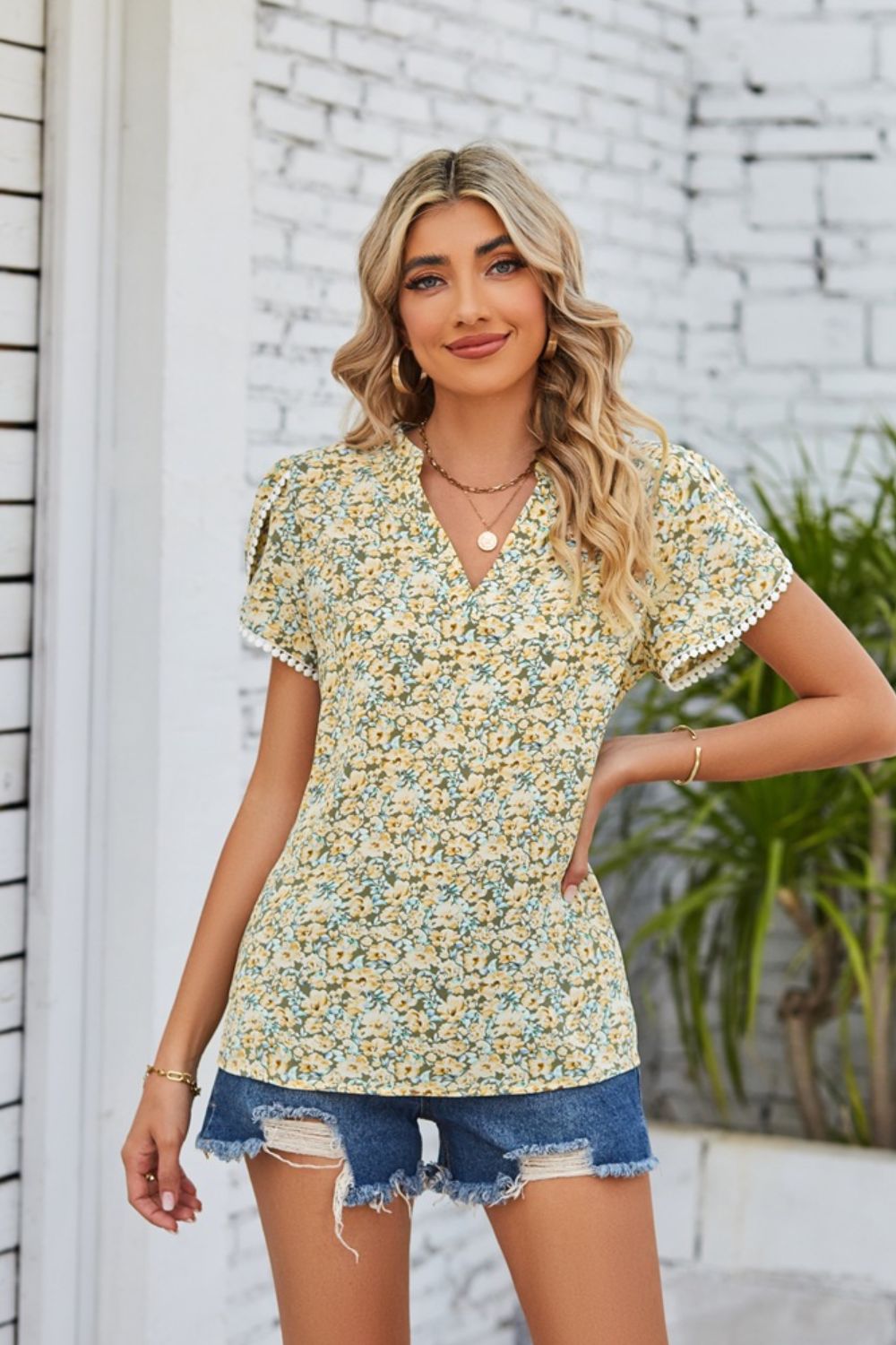 Women's Full Size Floral Notched Neck Blouse