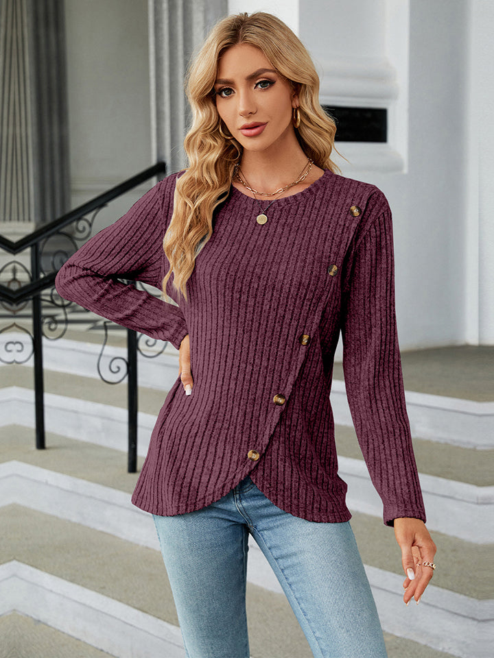 Full Size Round Neck Ribbed Button Detail Blouse