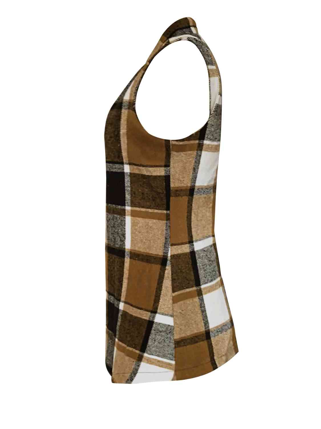 Plaid Open Front Collared Neck Vest