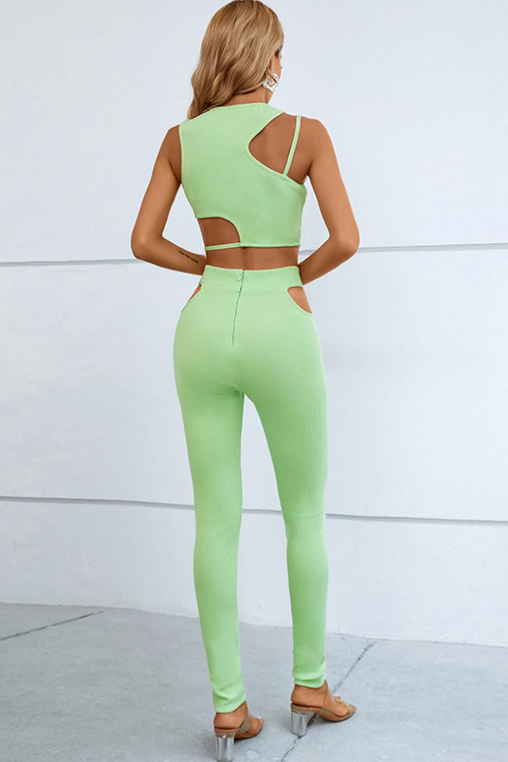 Women's Asymmetrical Ribbed Cutout Tank and Pants Set