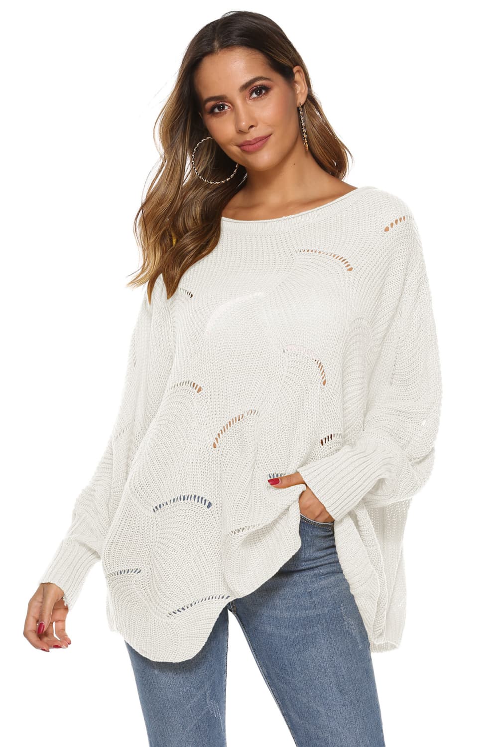 Full Size Round Neck Long Sleeve Openwork Sweater