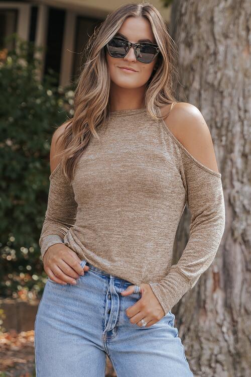 Basic Style Khaki Heathered Round Neck Cold Shoulder T-Shirt