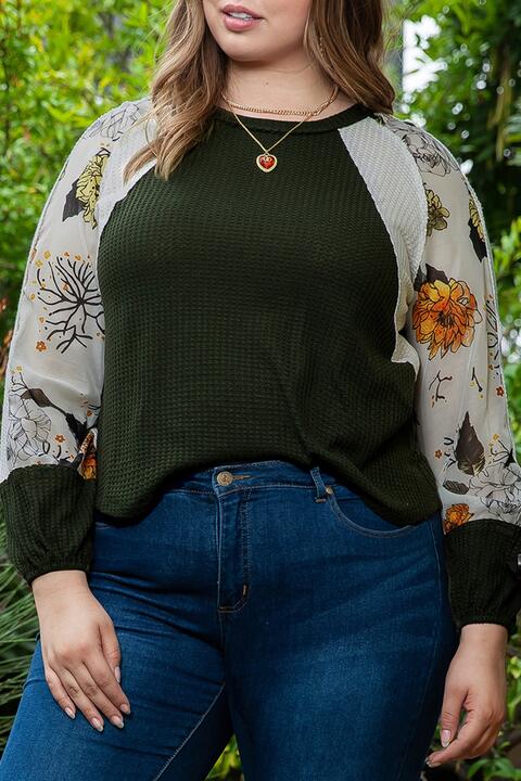 Plus Size Army Green Floral Waffle-Knit Round Neck Blouse