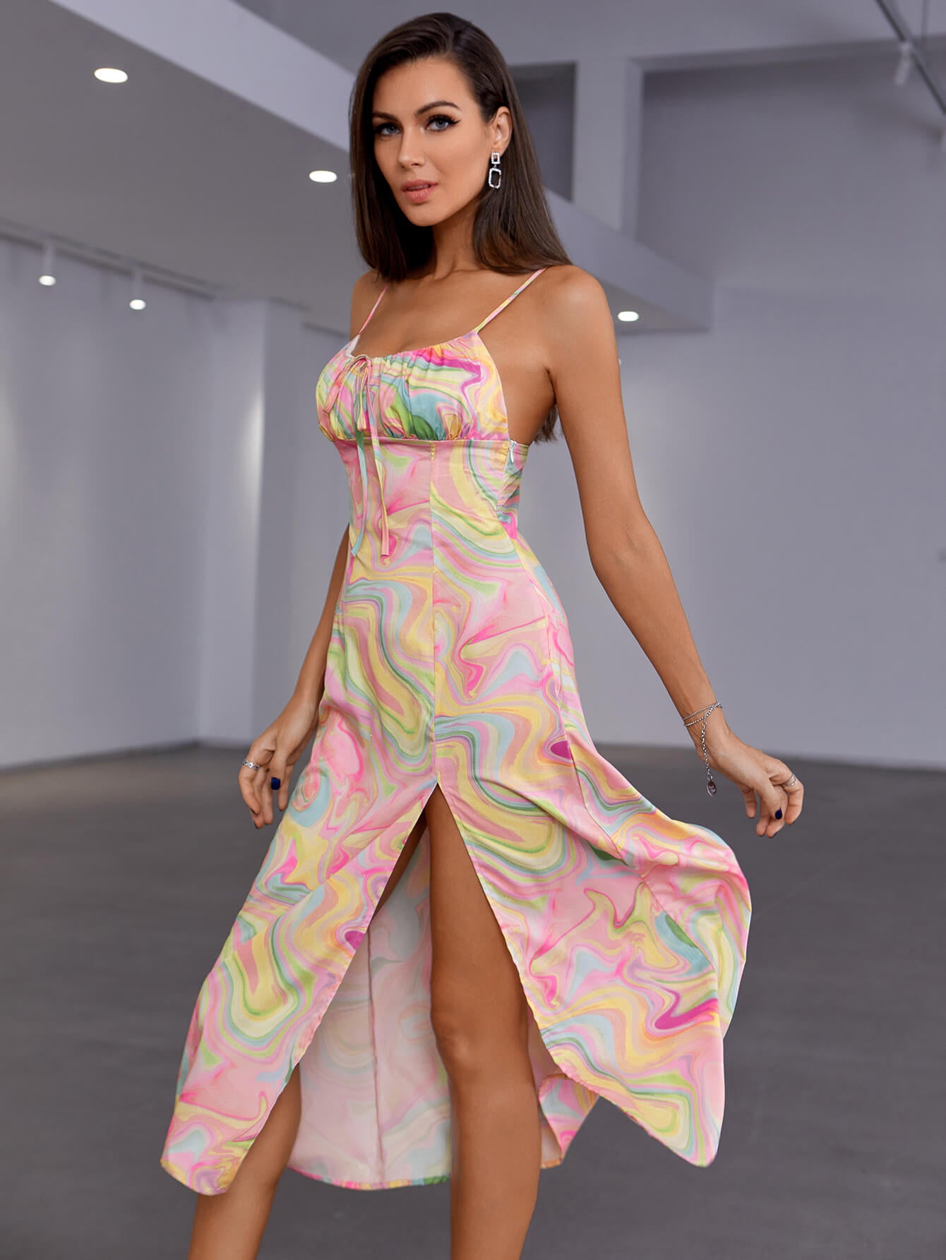 Double Crazy Multi Abstract Print Tied Split Cami Dress