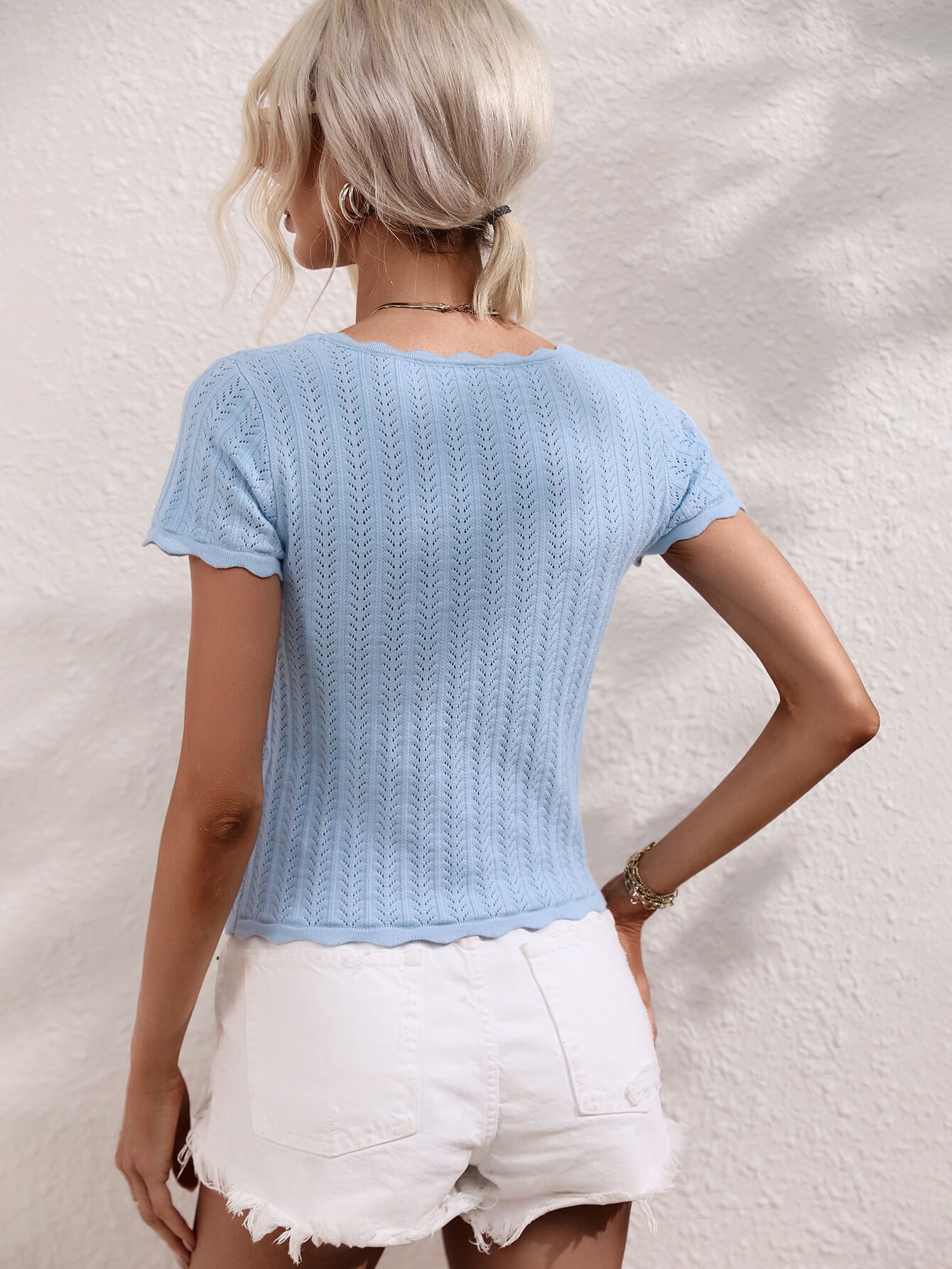 Scalloped Hem Square Neck Knit Top