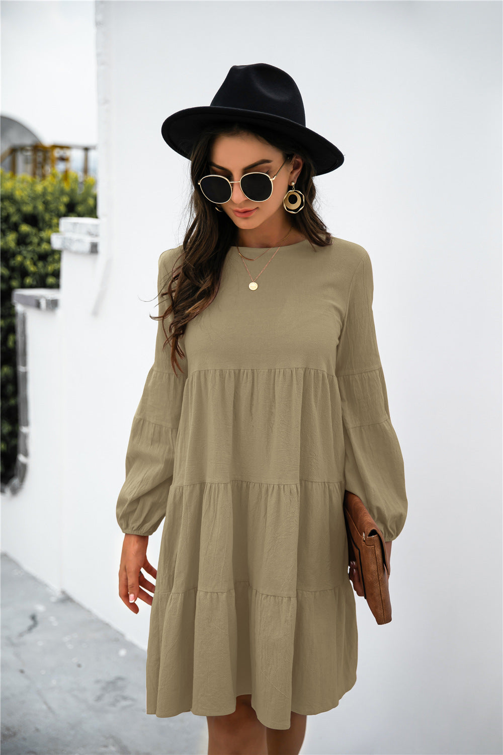 Women's Balloon Sleeve Keyhole Tiered Midi Dress