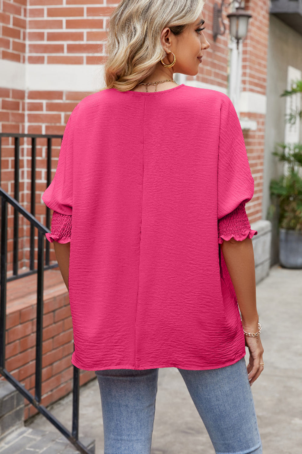 Full Size Round Neck Smocked Lantern Sleeve Blouse