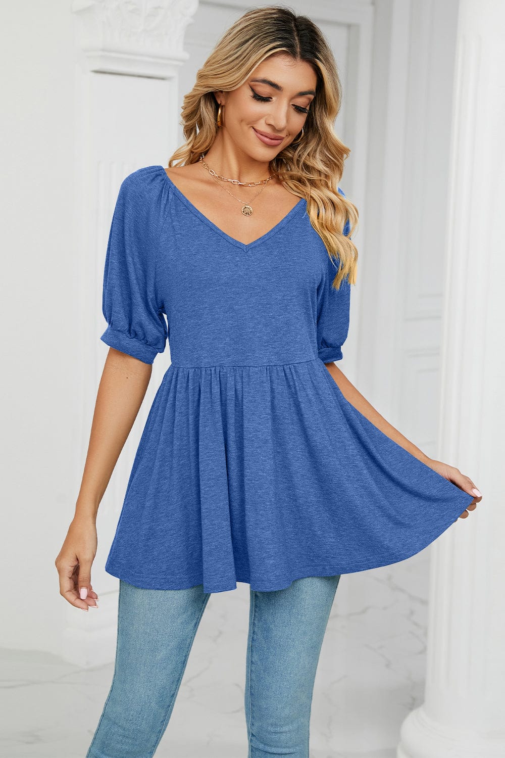 Full Size V-Neck Babydoll Top