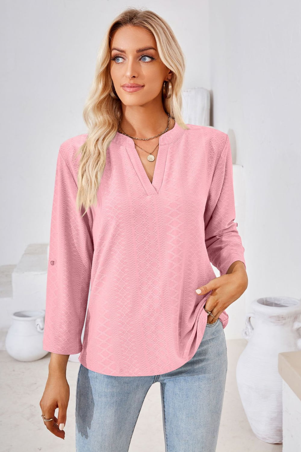 Full Size V-Neck Roll-Tap Sleeve Blouse