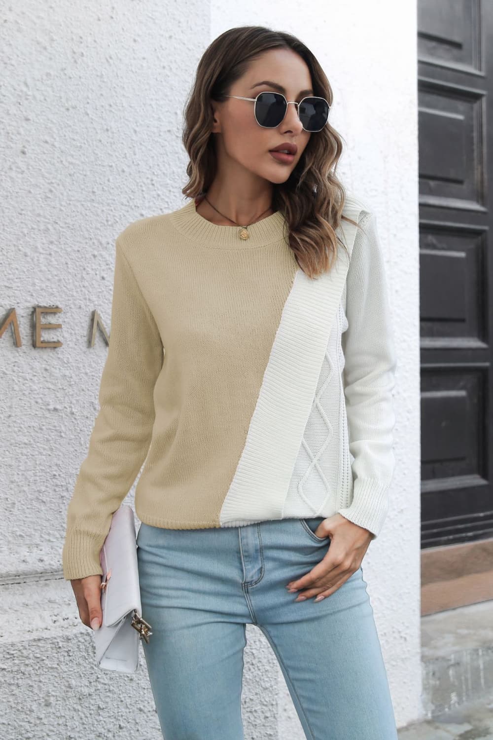 NatashaJay Contrast Color Round Neck Long Sleeve Sweater 🦋